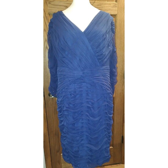 TADASHI SHOJI TOO Dress Sz 3X Ruched Mesh Midi Navy Blue Flattering Wedding - Picture 1 of 9